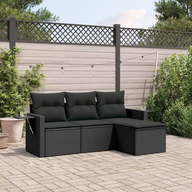 vidaXL 4-tlg. Garten-Sofagarnitur mit Kissen Schwarz Poly Rattan