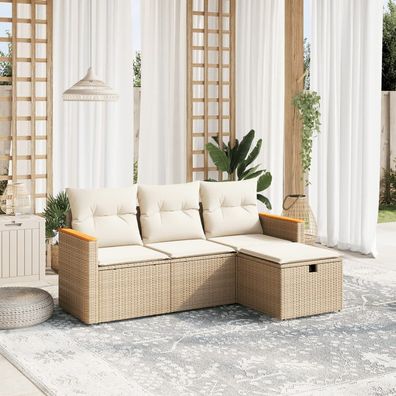 vidaXL 4-tlg. Garten-Sofagarnitur mit Kissen Beige Poly Rattan