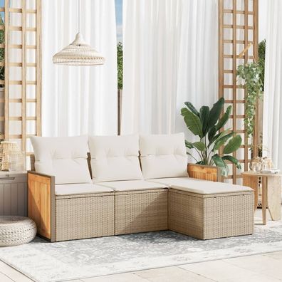 vidaXL 4-tlg. Garten-Sofagarnitur mit Kissen Beige Poly Rattan