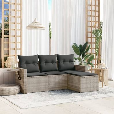 vidaXL 4-tlg. Garten-Sofagarnitur mit Kissen Hellgrau Poly Rattan