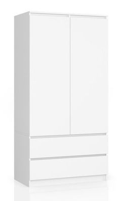 Kleiderschrank AKORD S90 Weiß 90 cm 2 Türen 2 Schubladen 4 Ebenen B90 x H180 x T51 cm