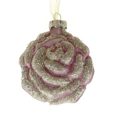 Kaemingk Weihnachtskugel Rosenblüte Rosa mit Goldglitter 8 cm - Glas