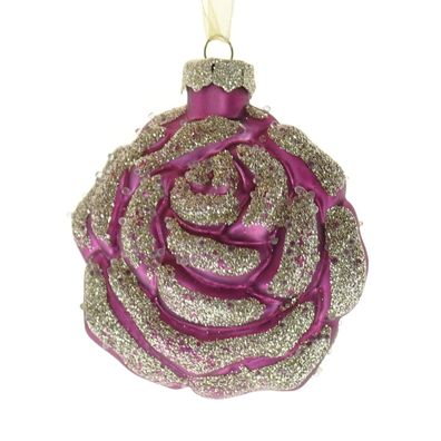 Kaemingk Weihnachtskugel Rosenblüte Pink mit Goldglitter 8 cm - Glas