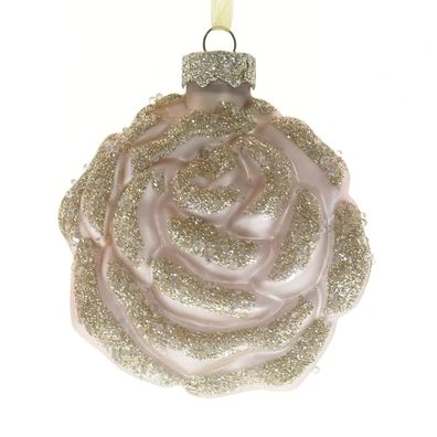 Kaemingk Weihnachtskugel Rosenblüte Zartrosa mit Goldglitter 8 cm - Glas