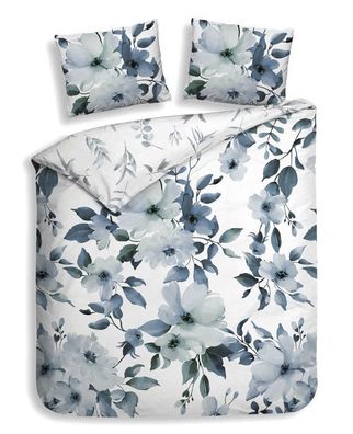 Heckett & Lane Satin Bettwäsche 135x200 Kristoffer blue blau weiß Blüten Blumen