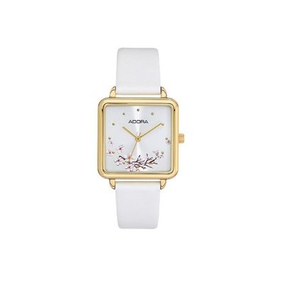 ADORA AT5445 Damen Damenuhr Eckig Blumenmuster Edelstahl gold Leder weiss