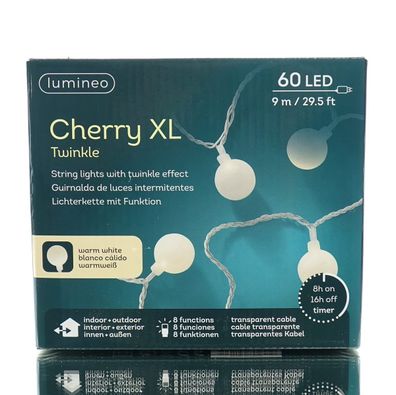 Lumineo LED Lichterkette Cherry Twinkle Warmweiß 8 Funktionen 60 LED 9 Meter