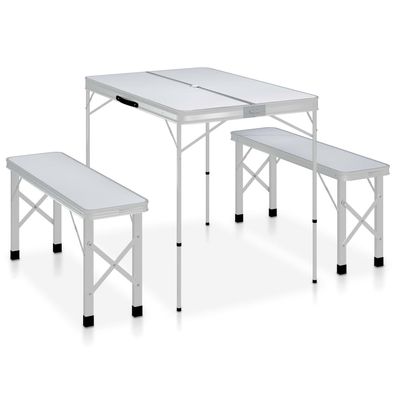 vidaXL Klappbarer Campingtisch mit 2 Sitzbänken Aluminium Weiß