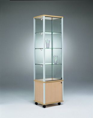 Alu Glasvitrine QM abschließbar mit Unterschrank & Rollen 50 x 50 cm