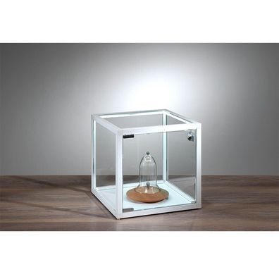 kleine quadratische Tisch Präsentationsvitrine beleuchtet & Schloss 32 cm weiß