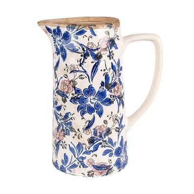 Clayre & Eef Dekorative Kanne 21x14x26 cm Beige Blau Keramik Blumen (Gr. 21x14x26 cm)