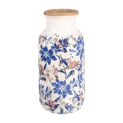 Clayre & Eef Vase Ø 15x32 cm Beige Blau Keramik Blumen (Gr. Ø 15x32 cm)