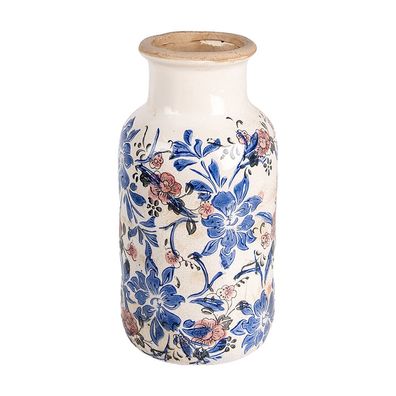 Clayre & Eef Vase Ø 14x26 cm Beige Blau Keramik Blumen (Gr. Ø 14x26 cm)