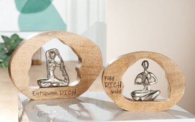 Gilde Skulptur, oval, "Wohlfühlen", Spruch, Yoga, Aluminium, Holz, naturfarben,