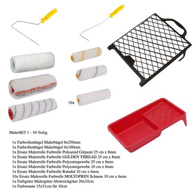MalerSET 1 - 19-Teilig 15xMalerrolle 2xMalerbügel 1xAbstreichgitter 1xFarbwanne