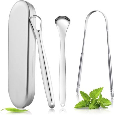 Zungenreiniger Edelstahl, 3 Stück Zungenschaber Set, Silber Tongue Scraper für Erwach