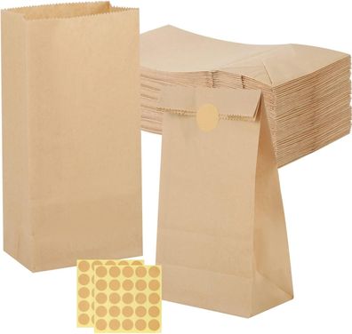 50 Stück Papiertüten Klein mit Aufkleber, 9x18x5.5 cm Geschenktüten Braun Kraftpapier