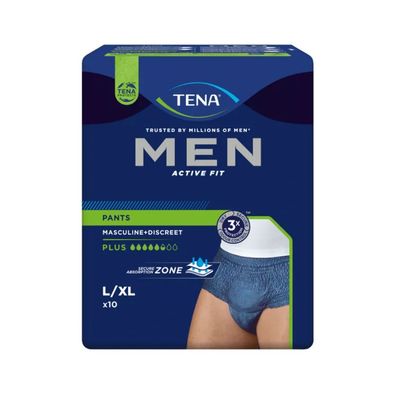 4x TENA Men Active Fit Pants Plus Inkontinenzpants, blau Gr. L/XL | Packung (10 Stück