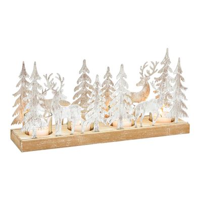 Hirsch Winterwald Adventsgesteck aus Holz/Metall/Glas 33 cm