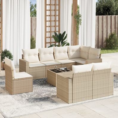 vidaXL 9-tlg. Garten-Sofagarnitur mit Kissen Beige Poly Rattan