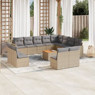 vidaXL 13-tlg. Garten-Sofagarnitur mit Kissen Beige Poly Rattan