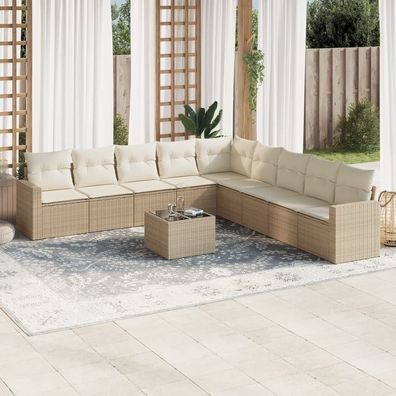 vidaXL 10-tlg. Garten-Sofagarnitur mit Kissen Beige Poly Rattan