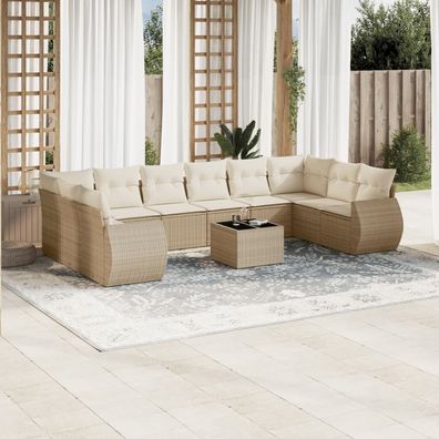 vidaXL 11-tlg. Garten-Sofagarnitur mit Kissen Beige Poly Rattan