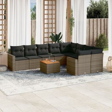 vidaXL 10-tlg. Garten-Sofagarnitur mit Kissen Grau Poly Rattan