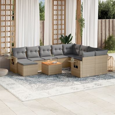 vidaXL 11-tlg. Garten-Sofagarnitur mit Kissen Beige Poly Rattan