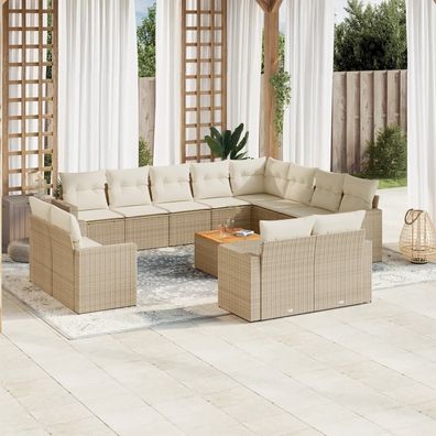 vidaXL 13-tlg. Garten-Sofagarnitur mit Kissen Beige Poly Rattan