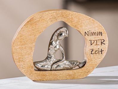 Gilde Skulptur, oval, "Zeit", Spruch, Yoga, Aluminium, Holz, naturfarben, silberfa