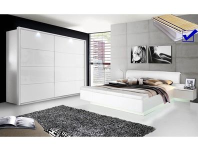 Schlafzimmer Sophie 20B weiß teils Hochglanz Bett komplett Schrank LED