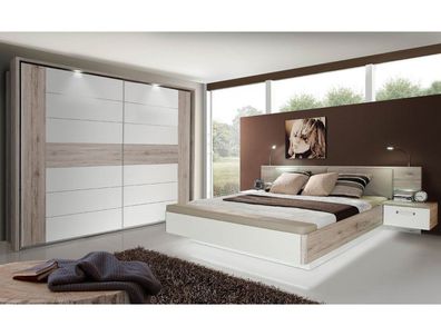 Schlafzimmer Rubio 20A Sandeiche weiß Hochglanz Bett Nako Schrank LED