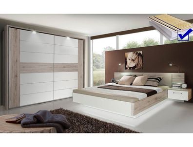 Schlafzimmer Rubio 20B Sandeiche weiß Bett komplett Nako Schrank LED