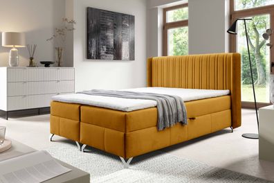 FURNIX Boxspringbett Merisol 180x200 mit Bettkasen und Topper SV9 Gelb