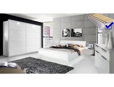 Schlafzimmer Sophie 21D weiß teils Hochglanz Bett komplett Schrank LED