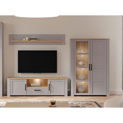 Wohnwand Bonar 22 Grey Oak 290x206x42 cm Vitrine TV-Board Wandboard