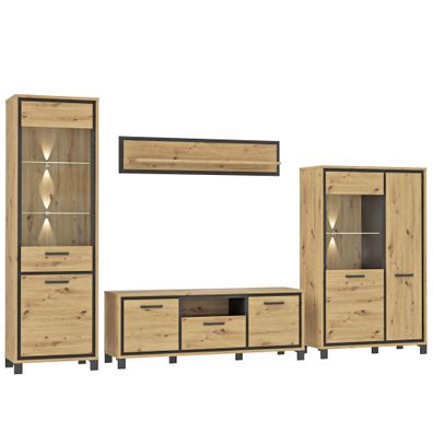 Wohnwand Trace 50 Artisan Eiche 350x210x45 cm LED Wohnzimmer Vitrine