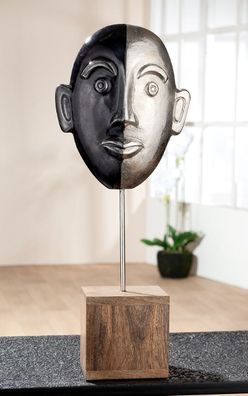 Gilde Skulptur, Gesicht, "Yuma", Aluminium, Mangoholz, schwarz, silberfarben, VE