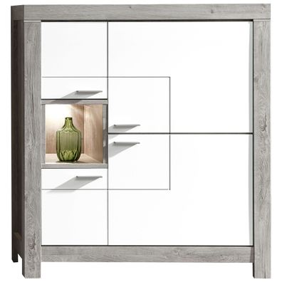 Highboard Grita 4 weiß 118x140x42 cm Kommode Vitrine Schrank LED