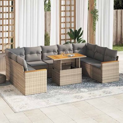 vidaXL 10-tlg. Garten-Sofagarnitur mit Kissen Beige Poly Rattan Akazie