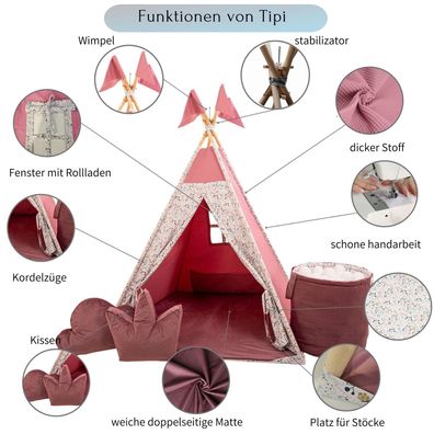 Tipi, Teepee, Indianerzelt, Kinder, Indianer, Zelt mit Stabilisator, Himbeere