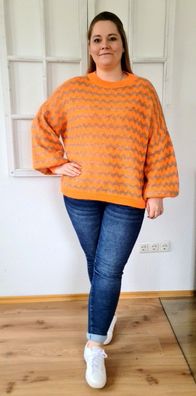 Italy 42 44 46 kuscheliger Pullover Pulli langarm mit Mohair Orange/Grau