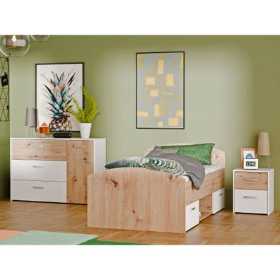 Jugendzimmer Curdin 13 Weiß Artisan Oak 3-teilig Nachttisch Bett