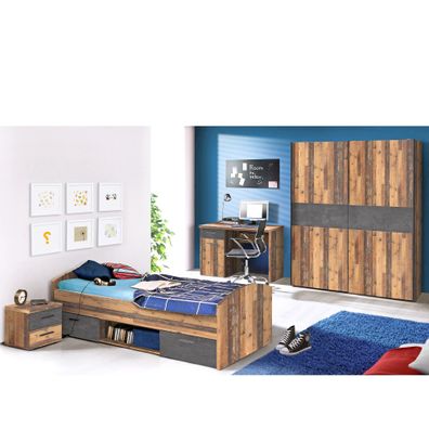 Jugendzimmer Wisal 10 Old Wood Vintage 4-teilig Kinderzimmer Bett