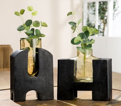 Gilde Vase, "Madero", Glas, Mangoholz, schwarz, VE 2, L. 9 cm, B. 17 cm, H. 28 cm