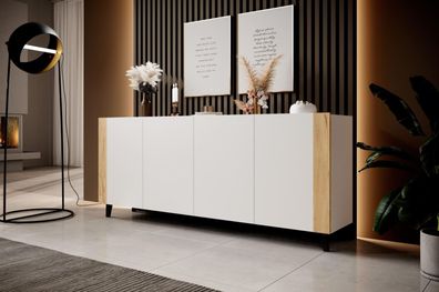 FURNIX Sideboard FAROLI Kommode in Duo-Color-Optik Stellfüße Weiß Matt/Eiche