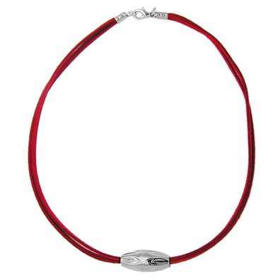 Kette Kunststoffperle Rillenolive chromfarben glänzend Velourband rot 42cm