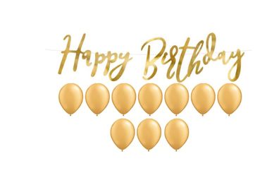 SET Happy Birthday Schriftzug Girlande 16x62cm gold, 10 Luftballons gold