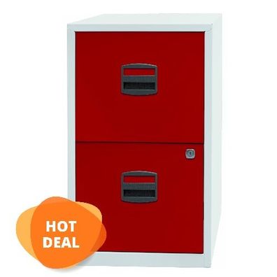 Bisley Home PFA Beistellschrank, 2 HR-Schubladen, Metall, Lichtgrau/Rot